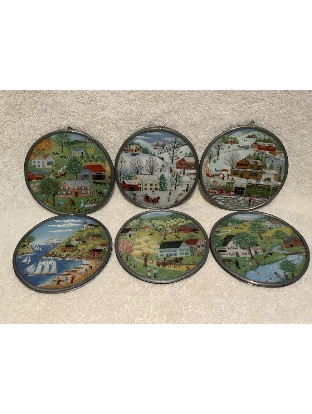 6 Hand Painted Folk Art  5.5”D Suncatchers with Pewter Frames - 4 Seasons